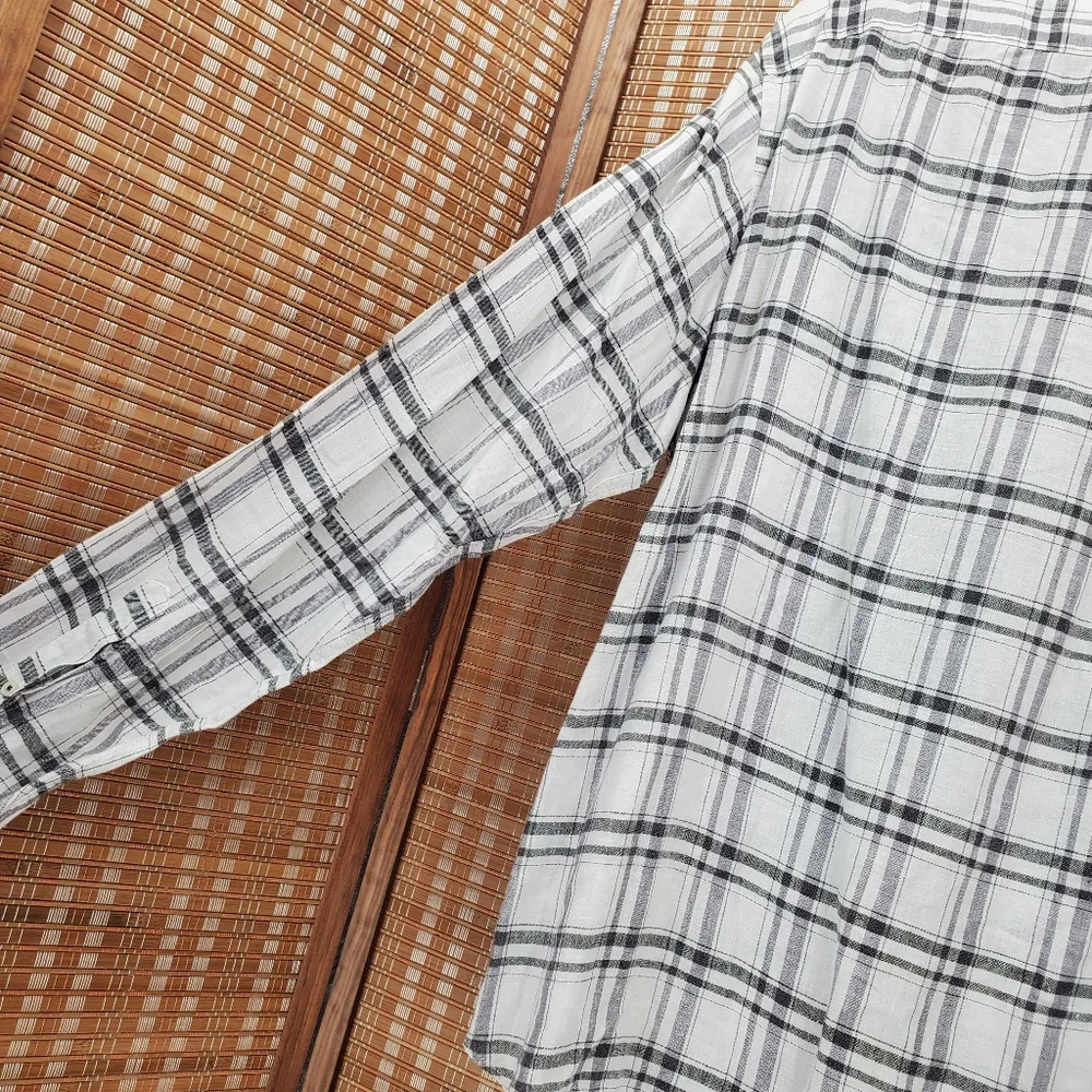 ♧ Banana Republic Camden Fit Linen Plaid Button Down Shirt Size XL White Black
